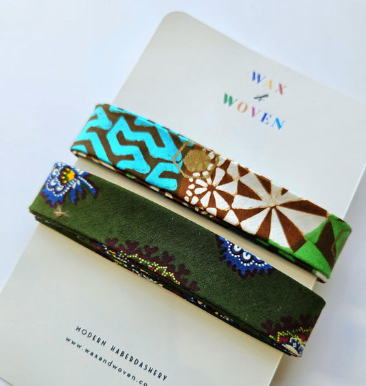 Set Of 2 African Wax Green & Gold Embossed Bias Binding. 5 Metres Each x 2.5cm Wide For Crafting And Quilting.