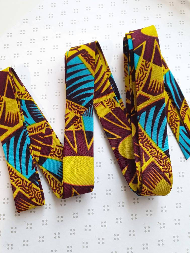 3 Metres of 25mm Lime Green, Blue & Brown African Wax Print Bias Binding / Seam Tape / 100% Soft Cotton