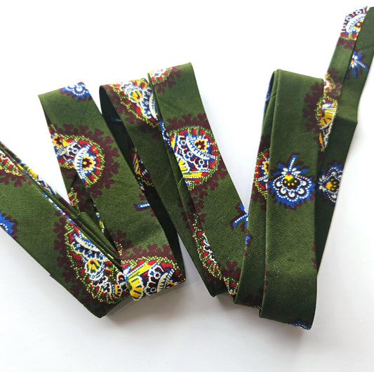 Green, Brown & Yellow African Wax Fabric Bias Binding. 2.5cm Wide | Colourful Paisley Print Patterned Tape For Crafting / Quilting.