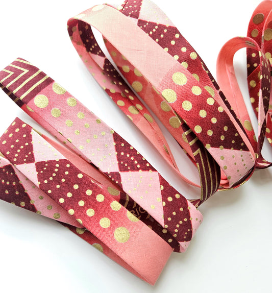 Pink, Burgundy & Gold Embossed African Wax Fabric Bias Binding. 2.5cm Wide | Colourful Print Patterned Tape For Crafting / Quilting.