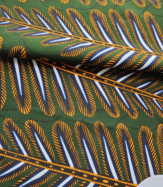 Green, Orange & White Wax Fabric 100% Cotton.