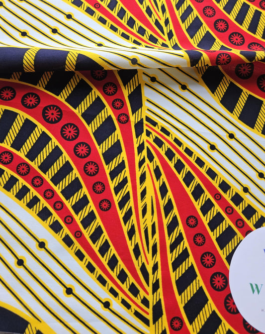 Yellow, Red & Navy Blue African Wax Print / Ankara / Kente Fabric By The Yard / Metre. 100% Cotton. Sewing, Crafting And Quilting.