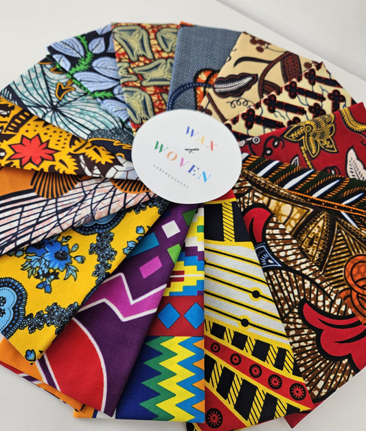 16 x Fat Quarter African Dutch Wax Fabric Bundle 100% Cotton Various Colours Gold Metallic Embossed Pieces for Sewing, Crafting and Quilting