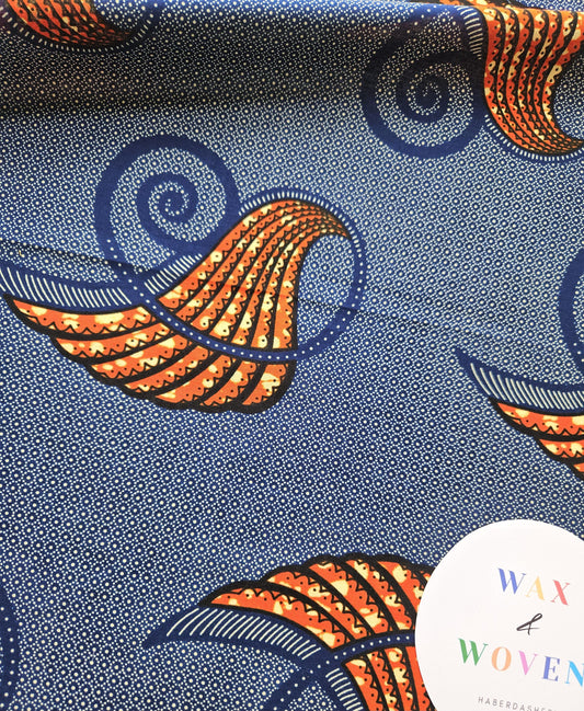 Orange & Navy African Wax Print Fabric, Kente Ankara, 100% Cotton By The Yard