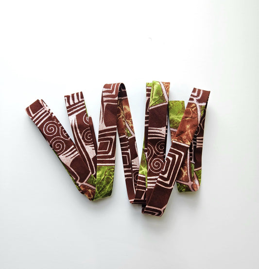 Brown, Green & Metallic Rose Embossed African Wax Fabric Bias Binding. 2.5cm Wide | Colourful Print Patterned Tape For Crafting / Quilting.