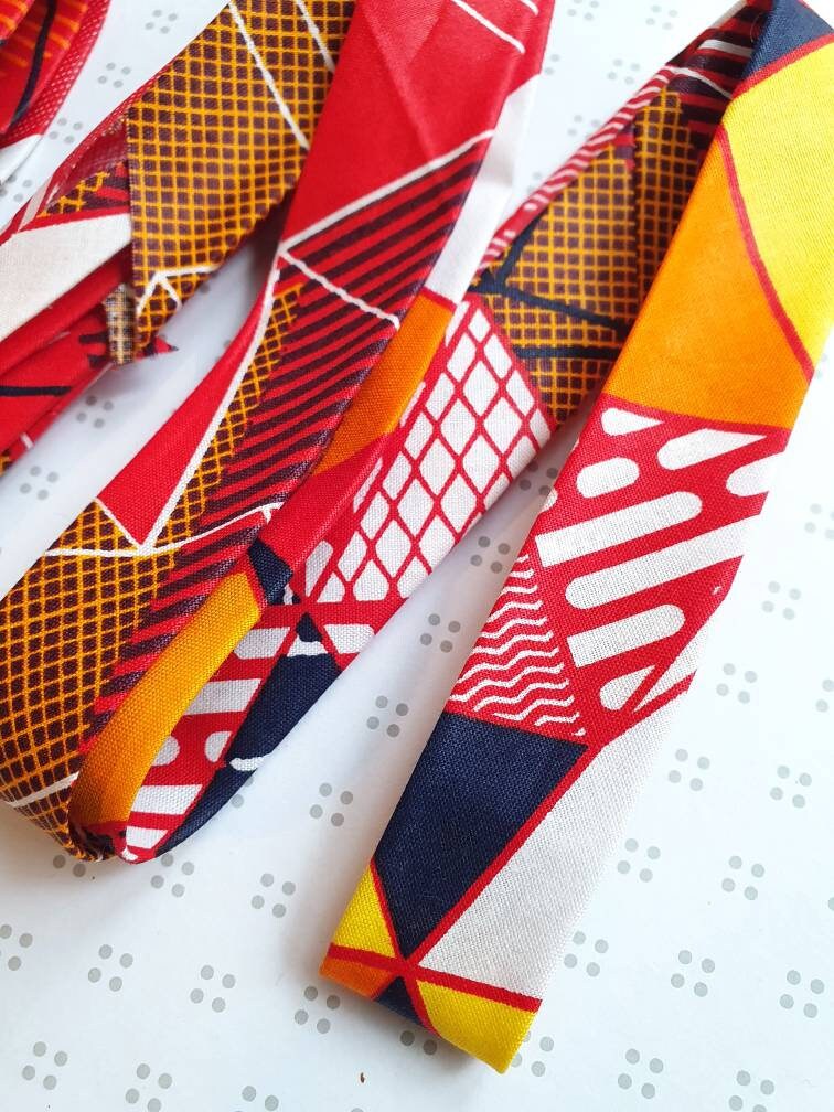 Set of 2 Tapes - 3 Metres of 25mm Cotton Taped in Blue, Red, Yellow & Orange African Wax Print Bias Binding / Seam Tape