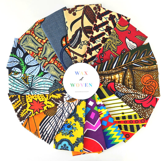 16 x Fat Quarter African Dutch Wax Fabric Bundle 100% Cotton Various Colours Gold Metallic Embossed Pieces for Sewing, Crafting and Quilting