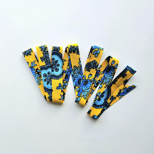 Yellow, Baby & Navy Blue African Wax Fabric Bias Binding. 2.5cm Wide | Colourful Print Patterned Tape For Crafting / Quilting.
