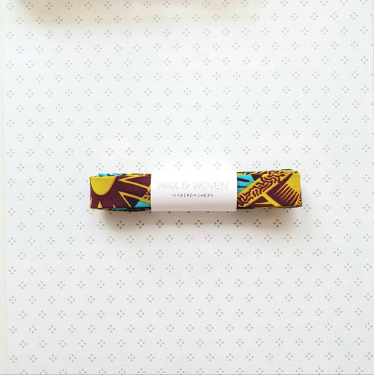 3 Metres of 25mm Lime Green, Blue & Brown African Wax Print Bias Binding / Seam Tape / 100% Soft Cotton