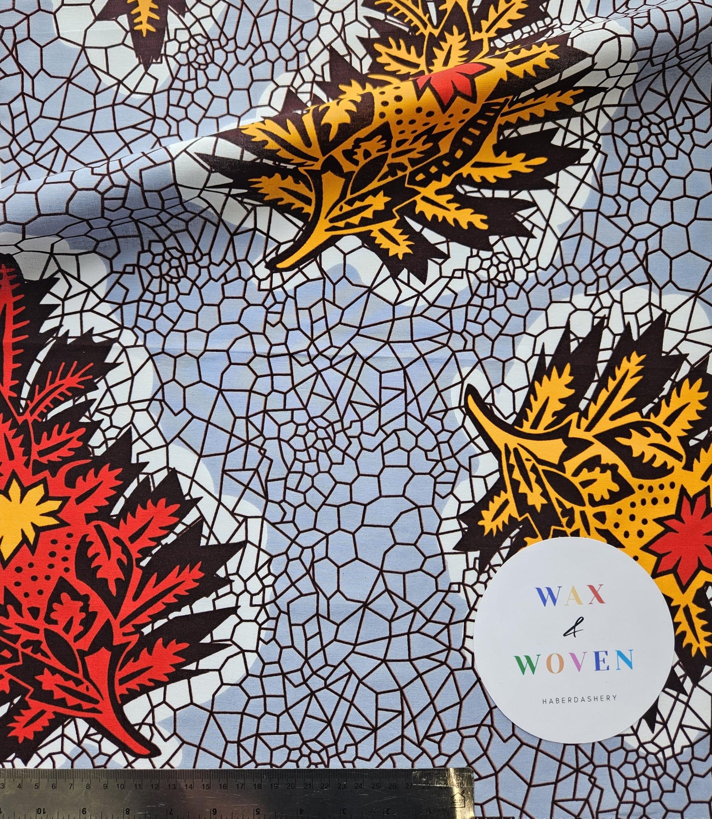 Grey, Red & Yellow African Wax Print / Ankara / Kente Fabric By The Yard / Metre. 100% Cotton. Sewing, Crafting And Quilting.