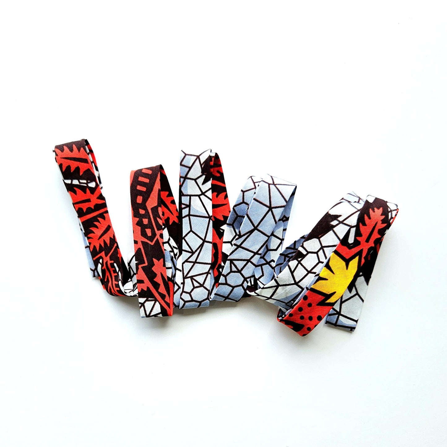 Red, White, Grey & Yellow African Wax Autumnal Fall Fabric Bias Binding. 2.5cm Wide | Colourful Print Patterned Tape For Crafting /Quilting.