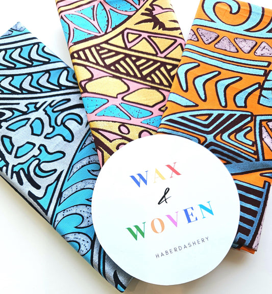 Set Of 3 African Wax Geometric Metallic Silver and Gold Fabric Fat Quarters. 100% Cotton. In Pink, Orange & Blue For Crafting And Quilting.
