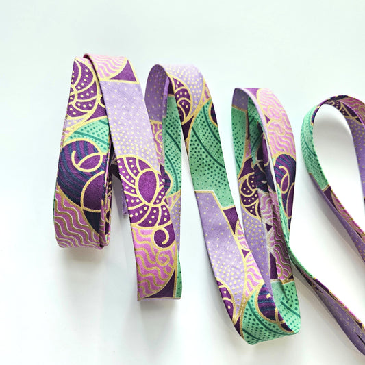 Embossed African Wax Fabric Bias Binding, Purple, Lilac, & Gold, 2.5cm Wide