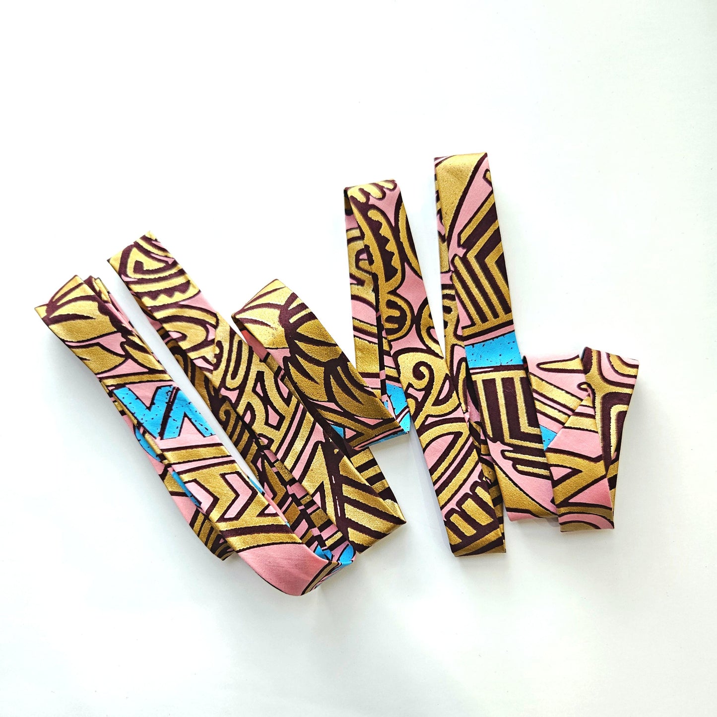 Pink, Turquoise, Brown & Gold Embossed African Wax Fabric Bias Binding. 2.5cm Wide | Colourful Print Patterned Tape For Crafting / Quilting.