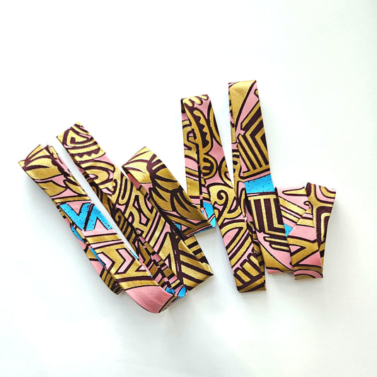 Pink, Turquoise, Brown & Gold Embossed African Wax Fabric Bias Binding. 2.5cm Wide | Colourful Print Patterned Tape For Crafting / Quilting.