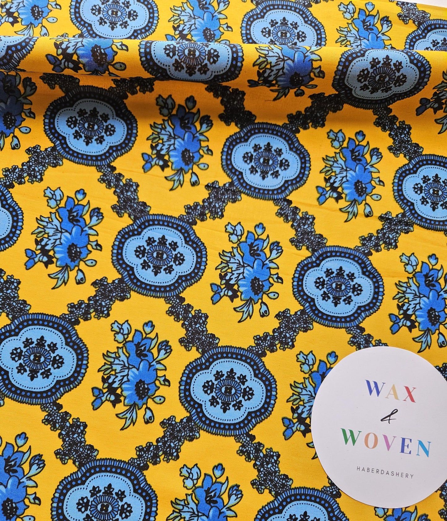 Yellow, Baby Blue & Navy African Wax Print / Ankara / Kente Fabric By The Yard / Metre. 100% Cotton. Sewing, Crafting And Quilting.