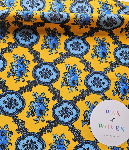 Yellow, Baby Blue & Navy African Wax Print / Ankara / Kente Fabric By The Yard / Metre. 100% Cotton. Sewing, Crafting And Quilting.