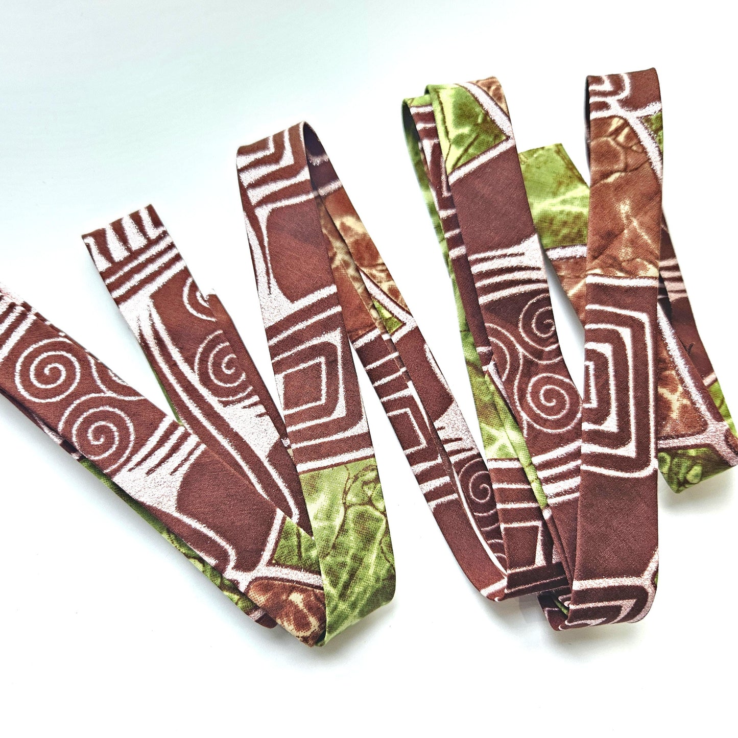 Brown, Green & Metallic Rose Embossed African Wax Fabric Bias Binding. 2.5cm Wide | Colourful Print Patterned Tape For Crafting / Quilting.
