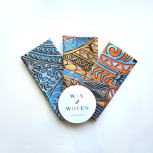 Set Of 3 African Wax Geometric Metallic Silver and Gold Fabric Fat Quarters. 100% Cotton. In Pink, Orange & Blue For Crafting And Quilting.
