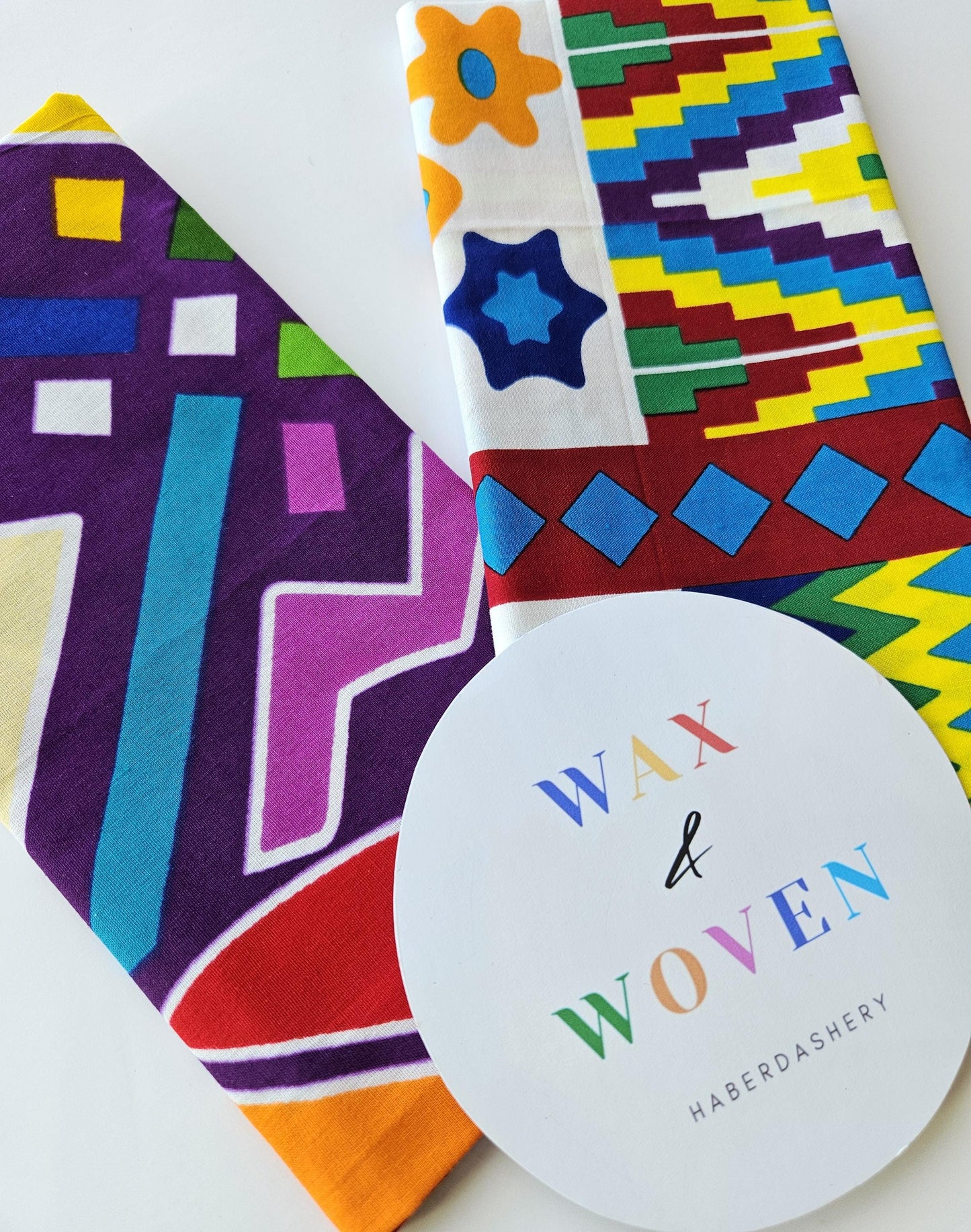Set Of 2 African Wax Kente Pattern Fabric Fat Quarters. 100% Cotton. Multicolour Purple, White & Red. For Crafting And Quilting.
