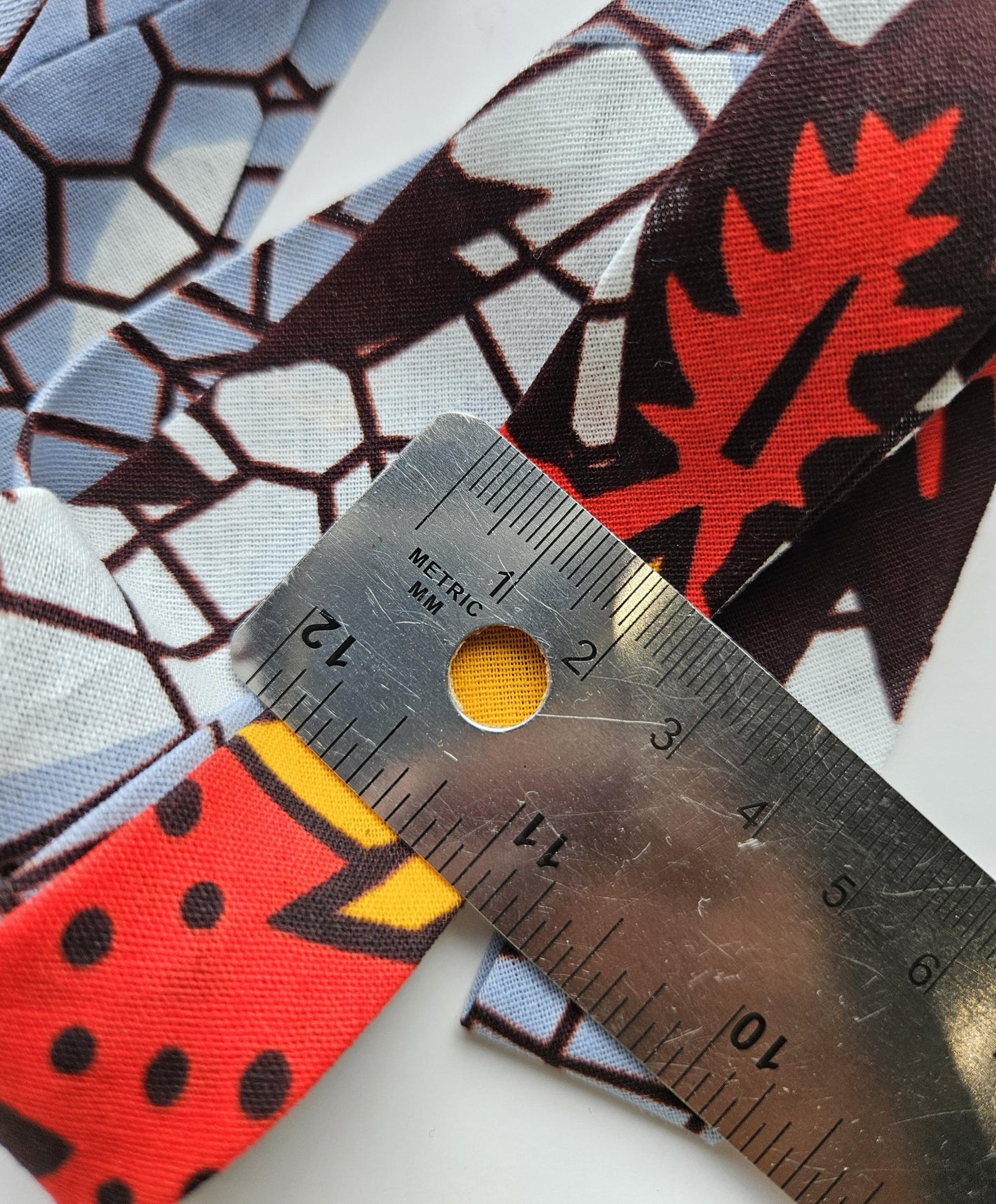 Red, White, Grey & Yellow African Wax Autumnal Fall Fabric Bias Binding. 2.5cm Wide | Colourful Print Patterned Tape For Crafting /Quilting.