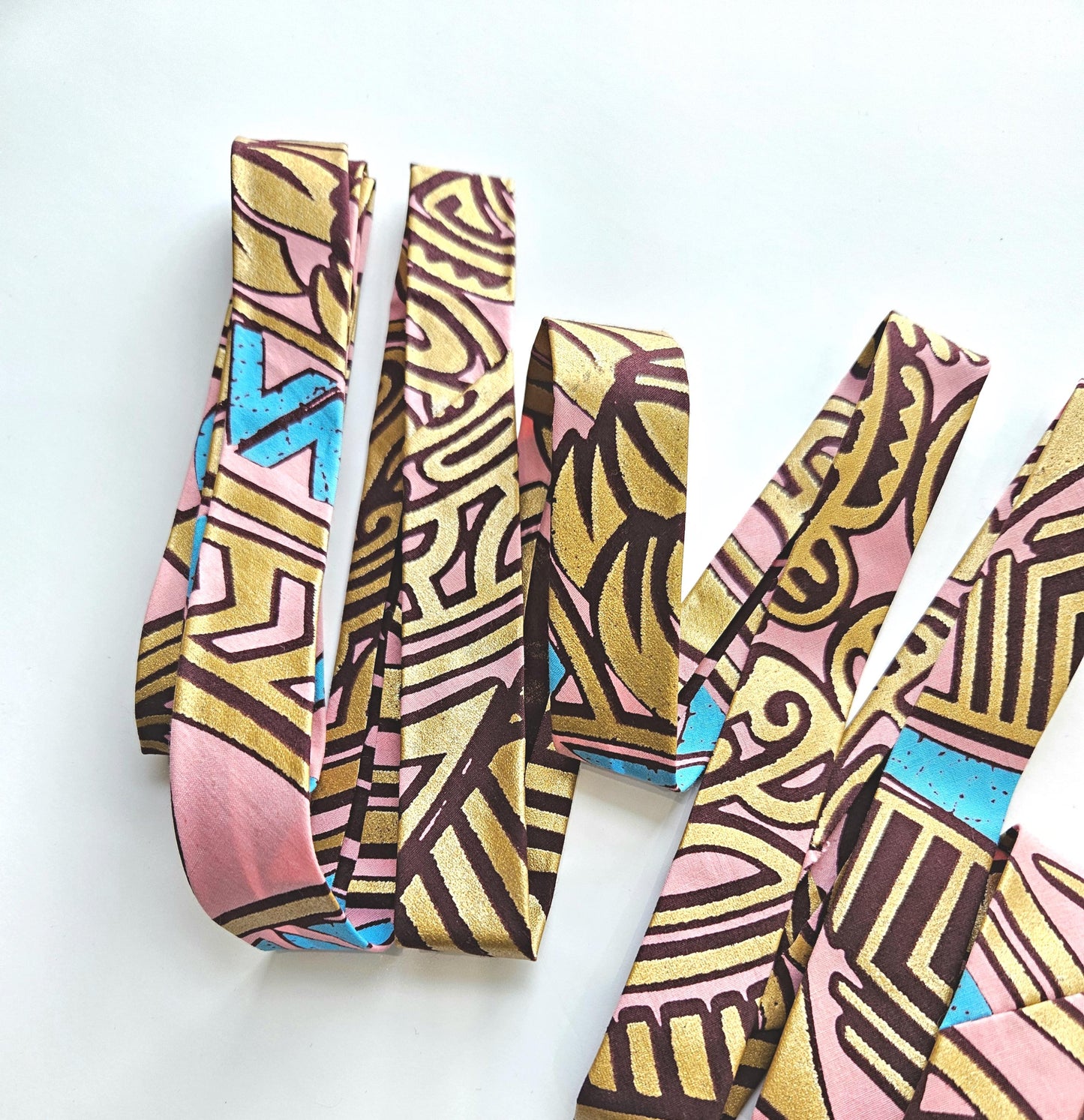 Pink, Turquoise, Brown & Gold Embossed African Wax Fabric Bias Binding. 2.5cm Wide | Colourful Print Patterned Tape For Crafting / Quilting.