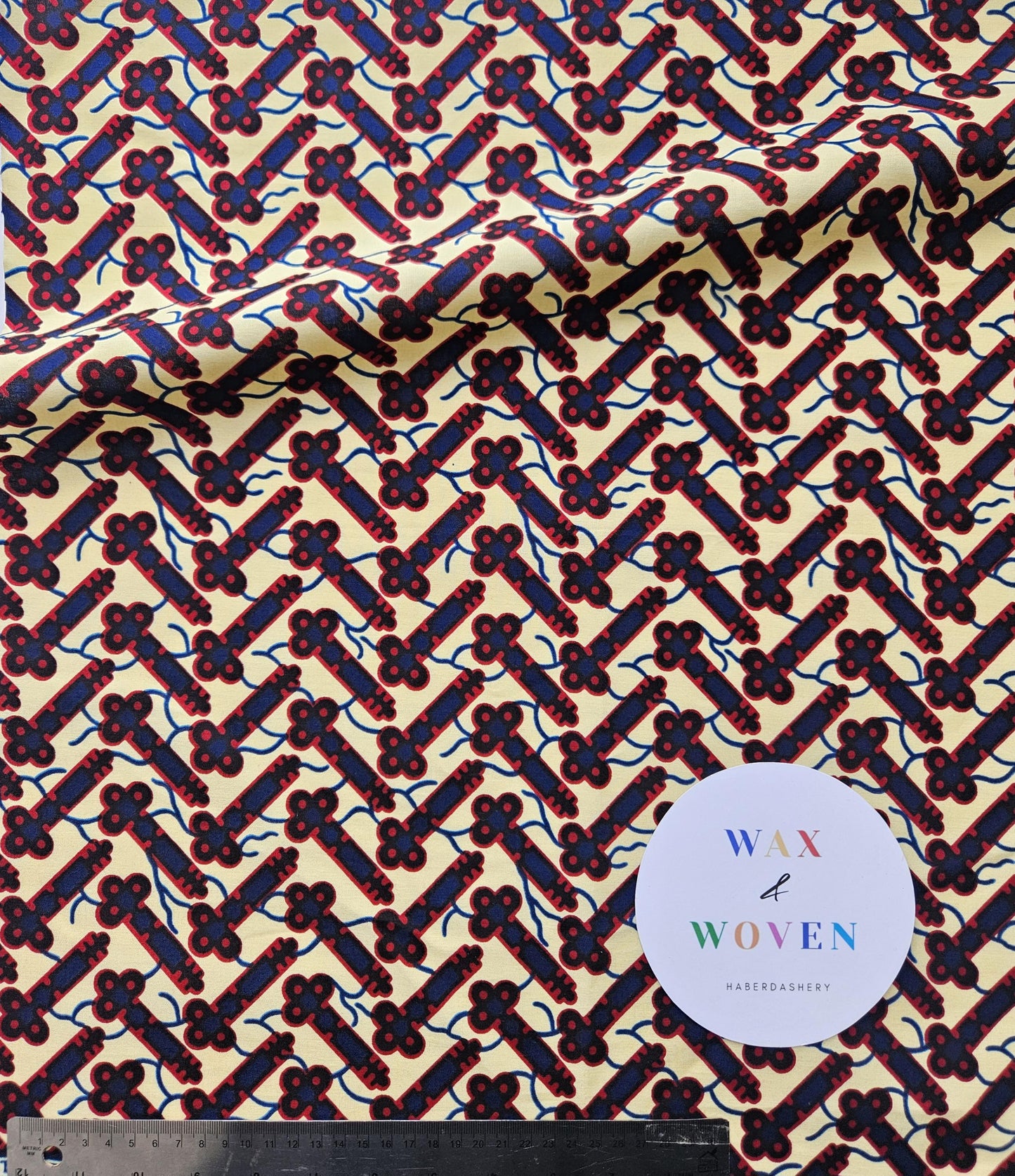Set Of 4 African Wax Nautical Pattern Fabric Fat Quarters. 100% Cotton. Multicolour Blue, Red and Beige For Crafting And Quilting.