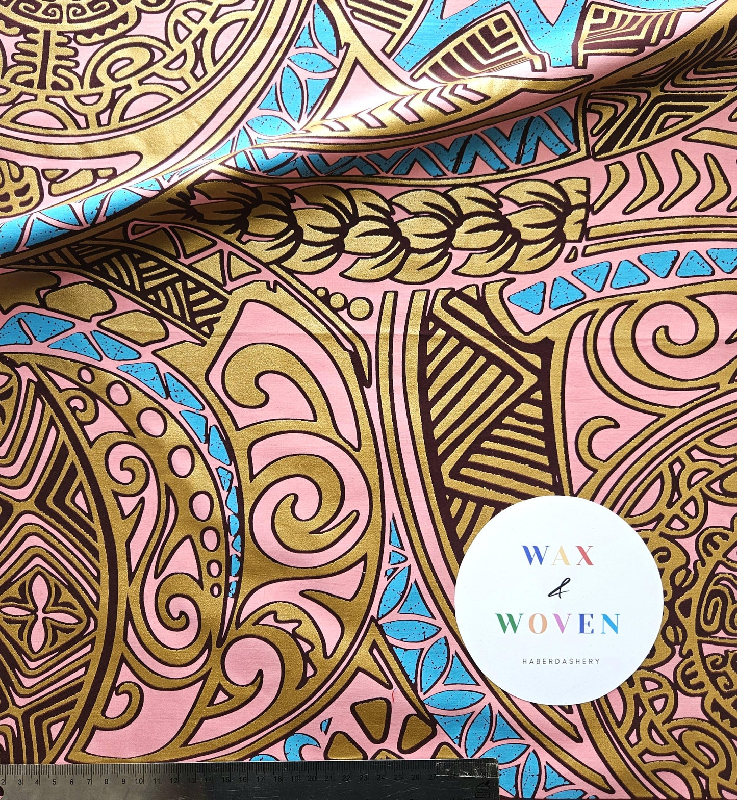 Set Of 3 African Wax Geometric Metallic Fabric Bias Binding. 5 Metres Each x  2.5cm Wide in Pink, Orange & Blue For Crafting And Quilting.
