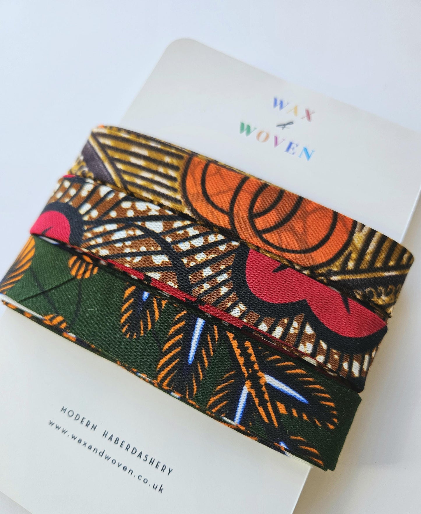 Set Of 3 African Wax Red, Orange & Green Autumn /Fall Themed Fabric Bias Binding. 3 metres x  2.5cm Wide Each Colour For Crafting /Quilting.