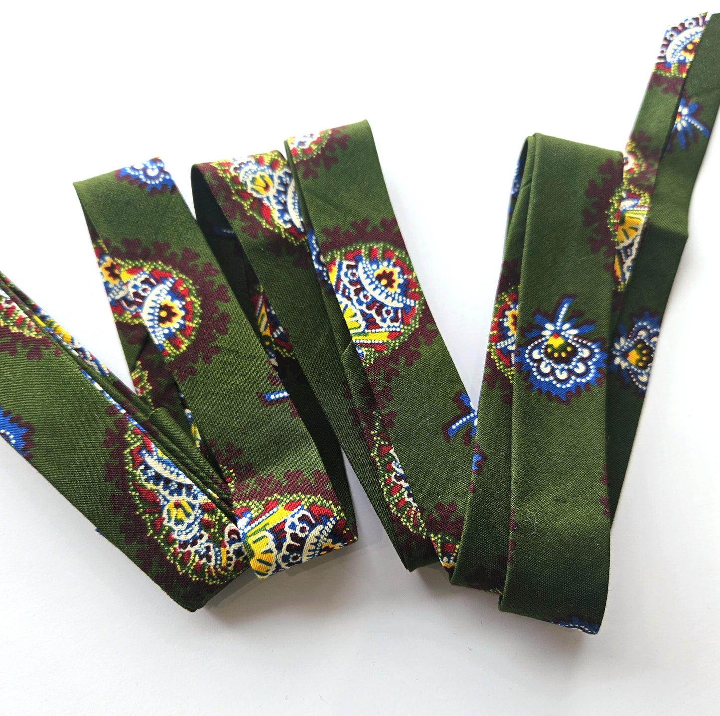 Green, Brown & Yellow African Wax Fabric Bias Binding. 2.5cm Wide | Colourful Paisley Print Patterned Tape For Crafting / Quilting.