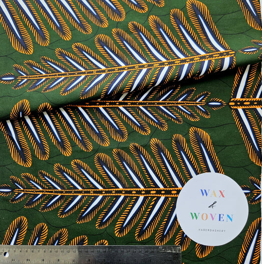 Green, Orange & White Wax Fabric 100% Cotton.
