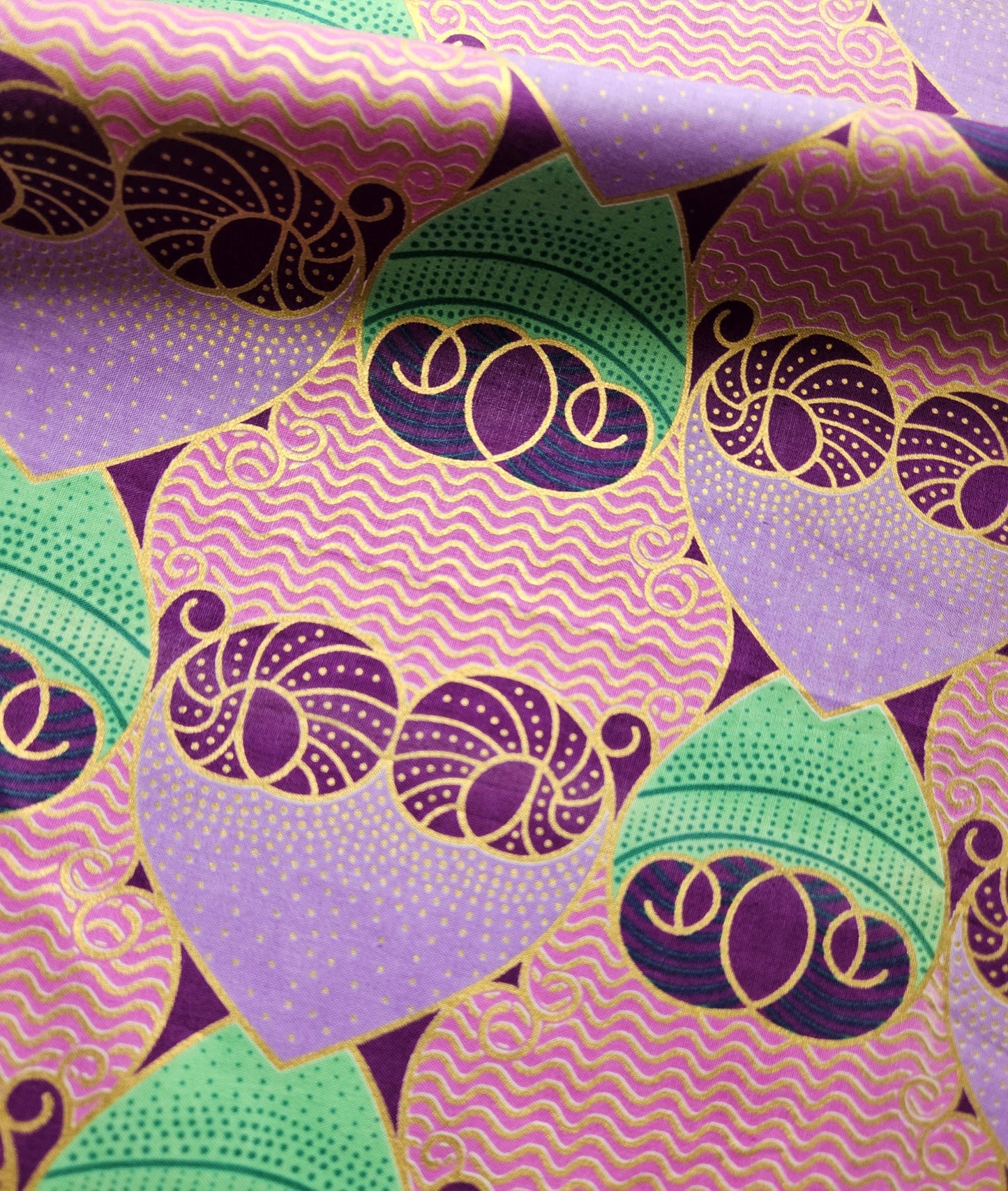 Set Of 3 African Wax Gold & Metallic Embossed Fabric Fat Quarters. 100% Cotton. Multicolour Purple, Pink and Brown. Crafting And Quilting.