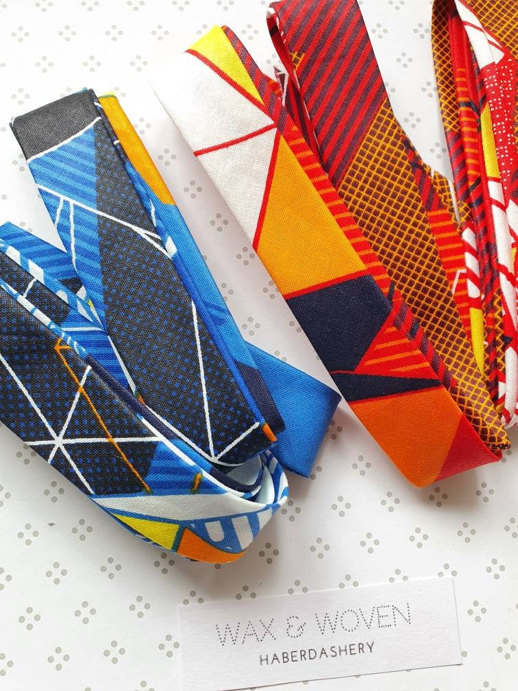 Set of 2 Tapes - 3 Metres of 25mm Cotton Taped in Blue, Red, Yellow & Orange African Wax Print Bias Binding / Seam Tape