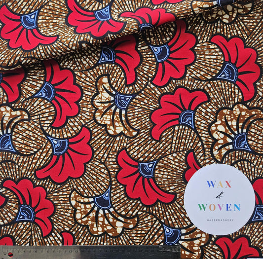 Red Floral African Wax Print Fabric 100% Cotton.