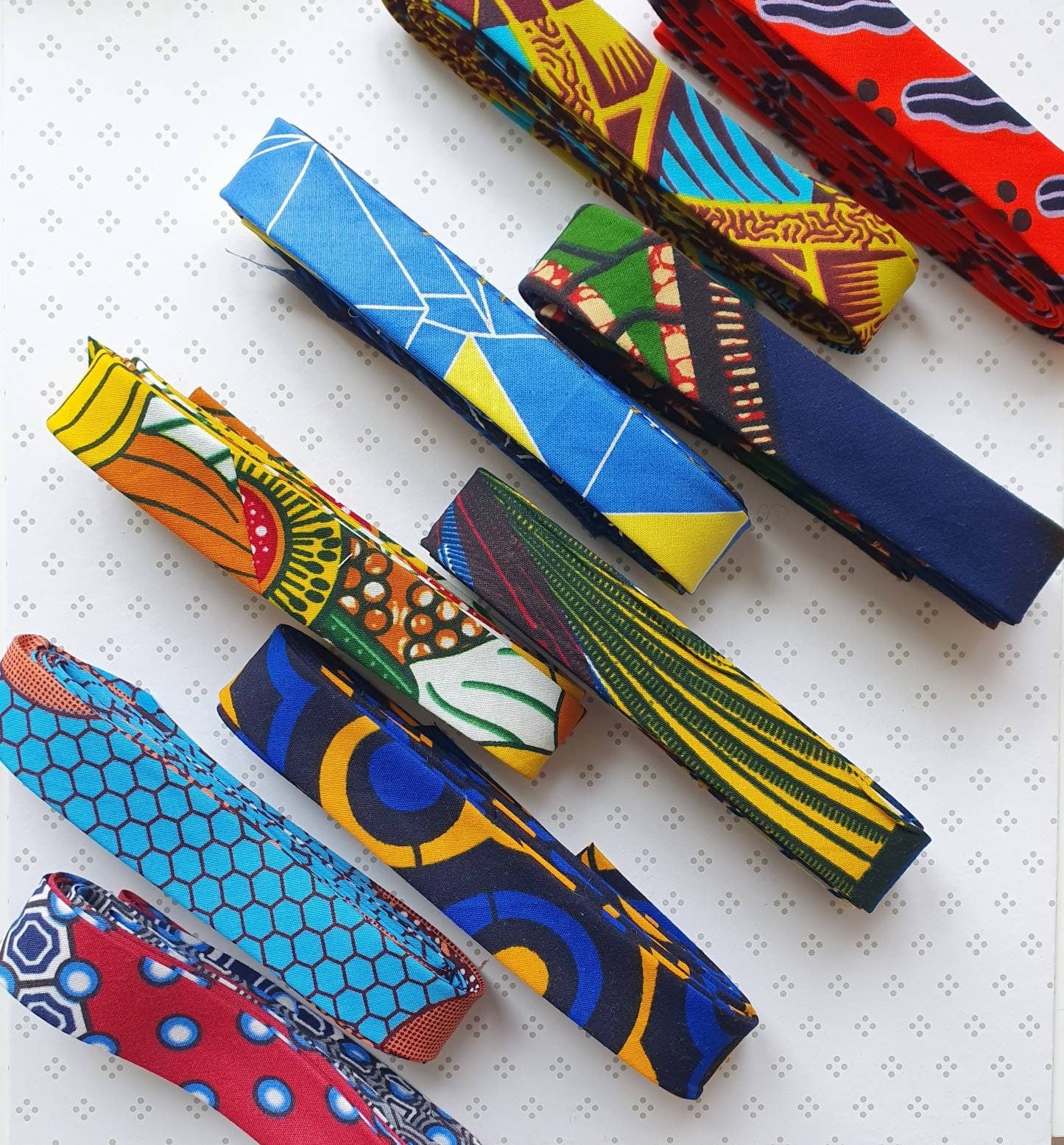 Set of 2 Tapes - 3 Metres of 25mm Cotton Taped in Blue, Red, Yellow & Orange African Wax Print Bias Binding / Seam Tape