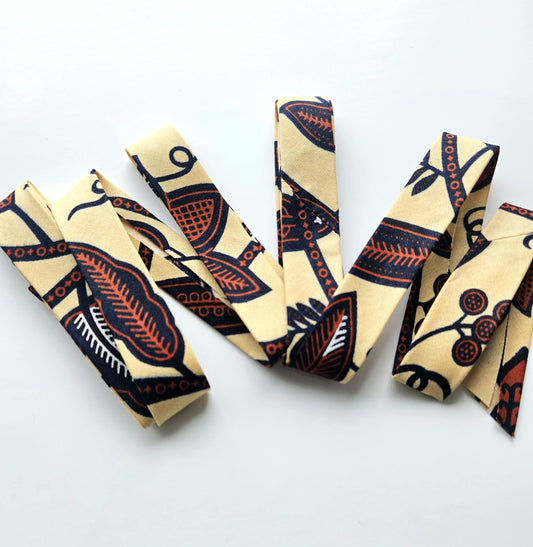 Cream, Beige & Brown Mocha African Wax Fabric Bias Binding. 2.5cm Wide | Colourful Print Patterned Tape For Crafting / Quilting.