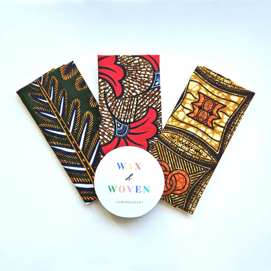 Set Of 3 African Wax Floral and Geometric Patterned Fabric Fat Quarter Bundle. 100% Cotton. Red, Green and Orange. Crafting And Quilting.