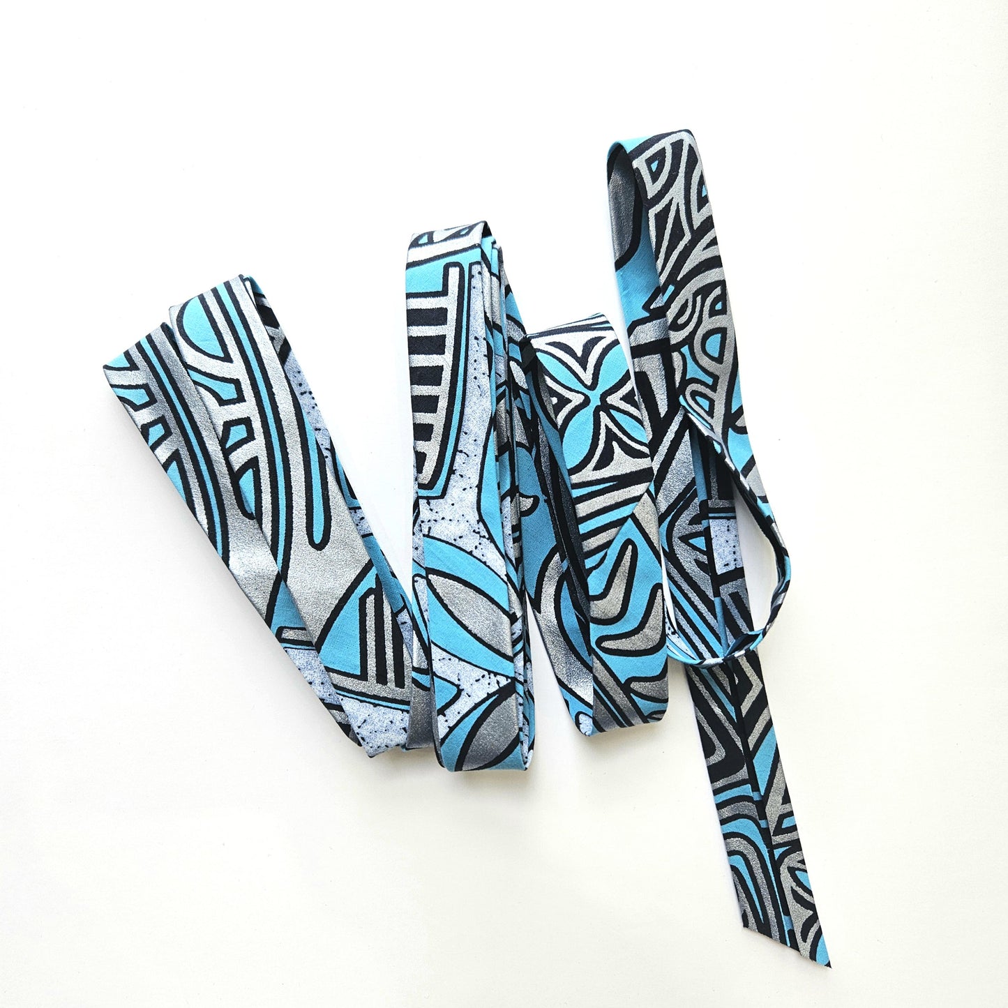 Blue, Navy & Silver Embossed African Wax Fabric Bias Binding. 2.5cm Wide | Colourful Print Patterned Tape For Crafting/Quilting.