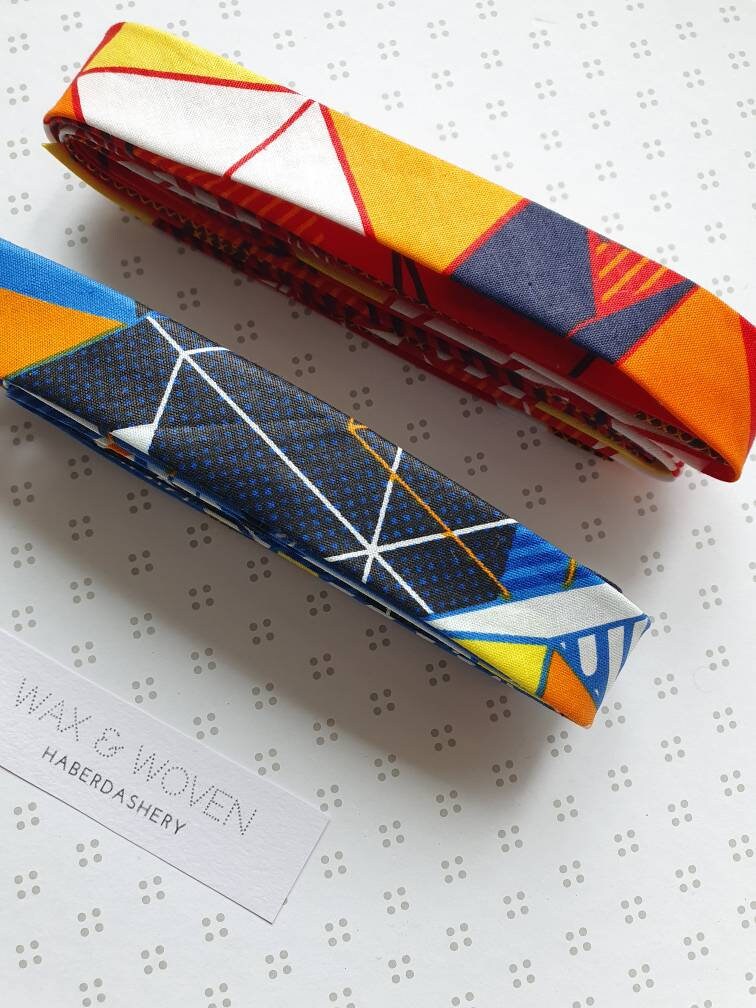 Set of 2 Tapes - 3 Metres of 25mm Cotton Taped in Blue, Red, Yellow & Orange African Wax Print Bias Binding / Seam Tape