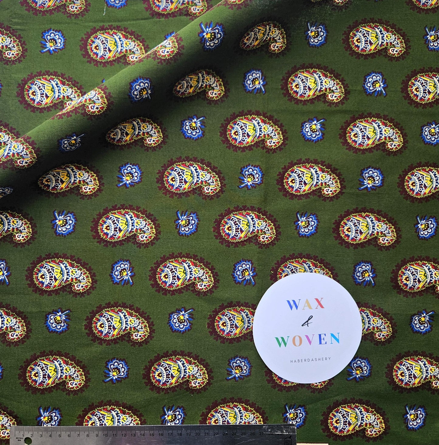 Green, Brown & Yellow African Wax Fabric Bias Binding. 2.5cm Wide | Colourful Paisley Print Patterned Tape For Crafting / Quilting.