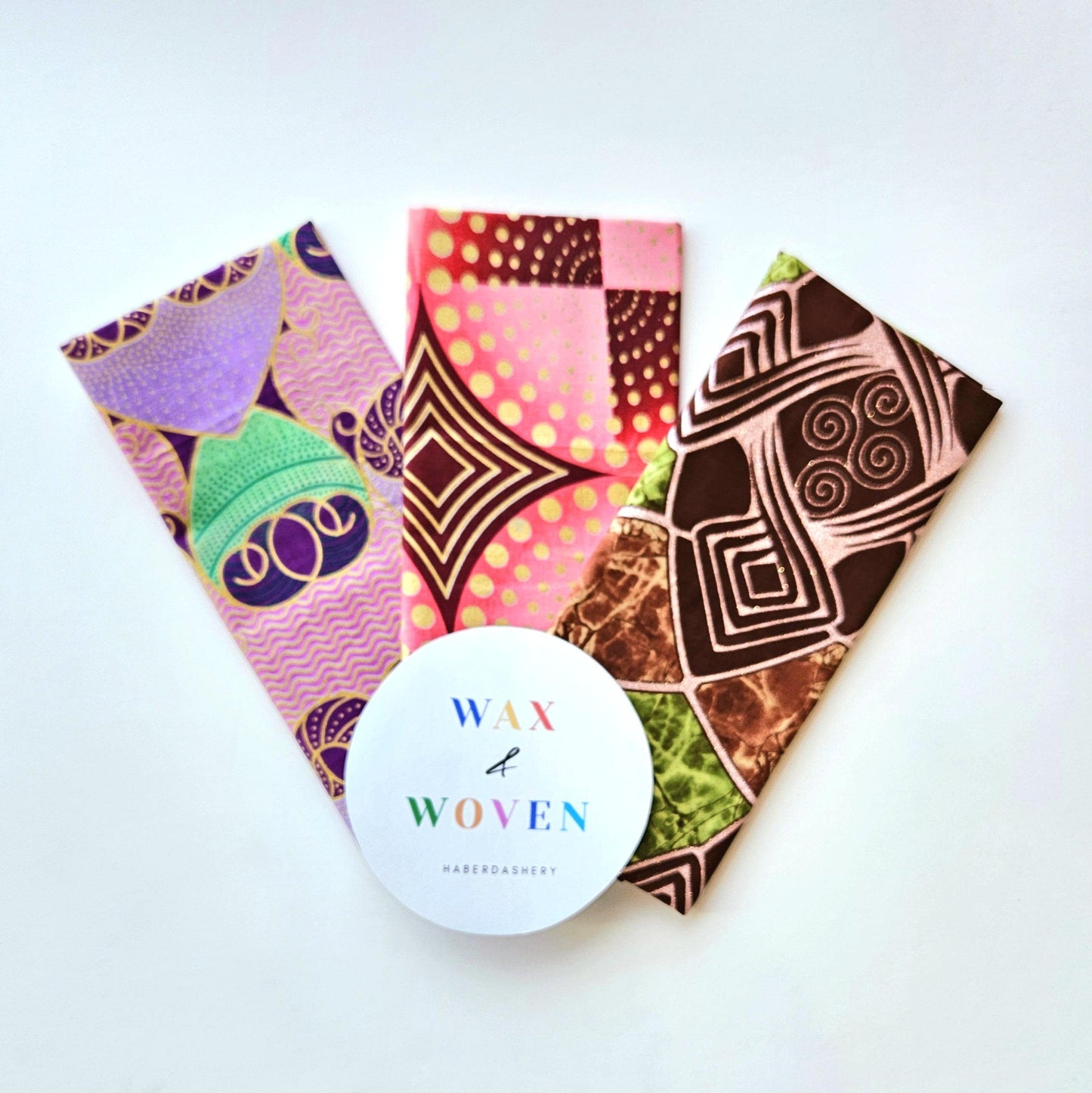 Set Of 3 African Wax Gold & Metallic Embossed Fabric Fat Quarters. 100% Cotton. Multicolour Purple, Pink and Brown. Crafting And Quilting.
