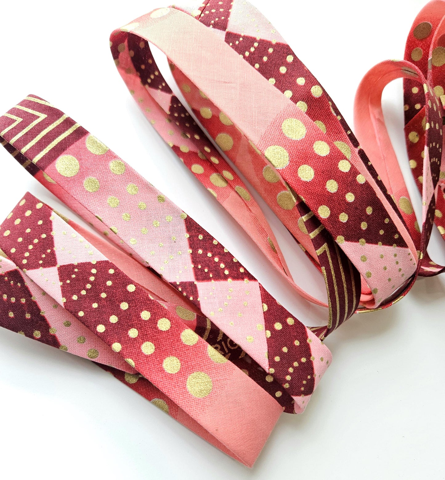 Pink, Burgundy & Gold Embossed African Wax Fabric Bias Binding. 2.5cm Wide | Colourful Print Patterned Tape For Crafting / Quilting.