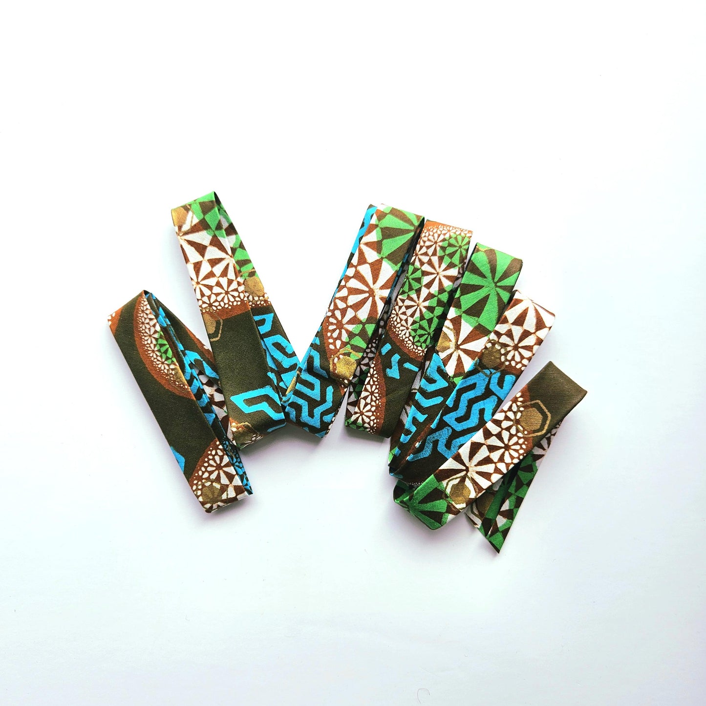 Green, Turquoise, Brown & Gold Embossed African Wax Fabric Bias Binding. 2.5cm Wide | Colourful Print Patterned Tape For Crafting /Quilting.