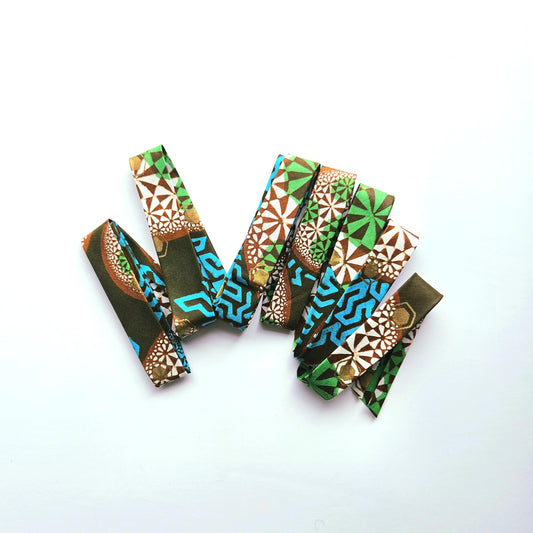 Green, Turquoise, Brown & Gold Embossed African Wax Fabric Bias Binding. 2.5cm Wide | Colourful Print Patterned Tape For Crafting /Quilting.