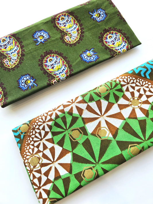 Set Of 2 African Wax Green & Gold Fabric Fat Quarters. 100% Cotton. Floral and Geometric Pattern. For Crafting And Quilting.