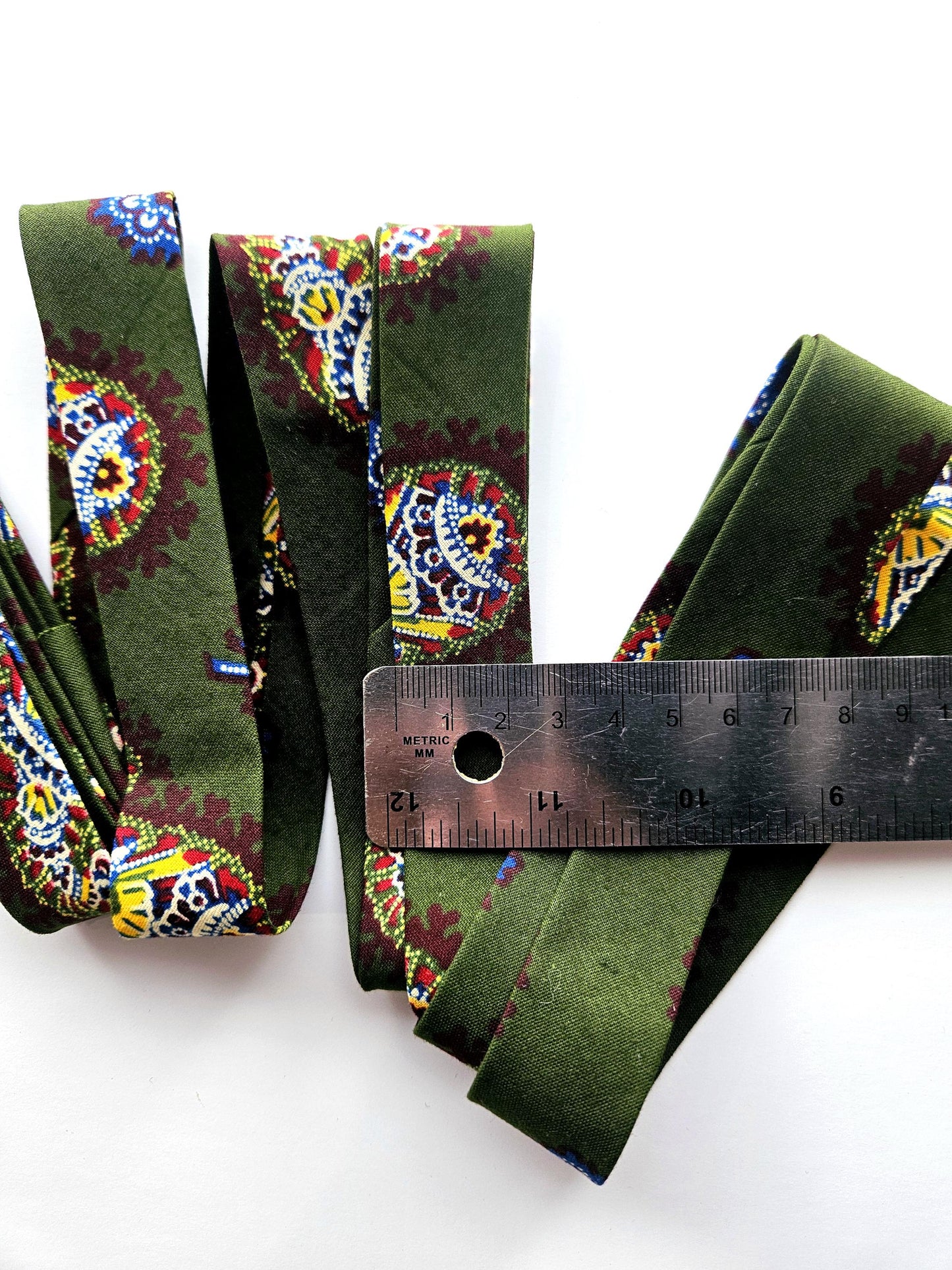 Green, Brown & Yellow African Wax Fabric Bias Binding. 2.5cm Wide | Colourful Paisley Print Patterned Tape For Crafting / Quilting.