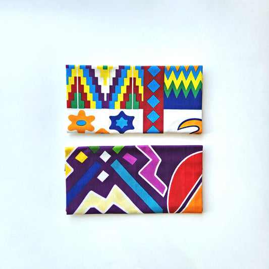 Set Of 2 African Wax Kente Pattern Fabric Fat Quarters. 100% Cotton. Multicolour Purple, White & Red. For Crafting And Quilting.