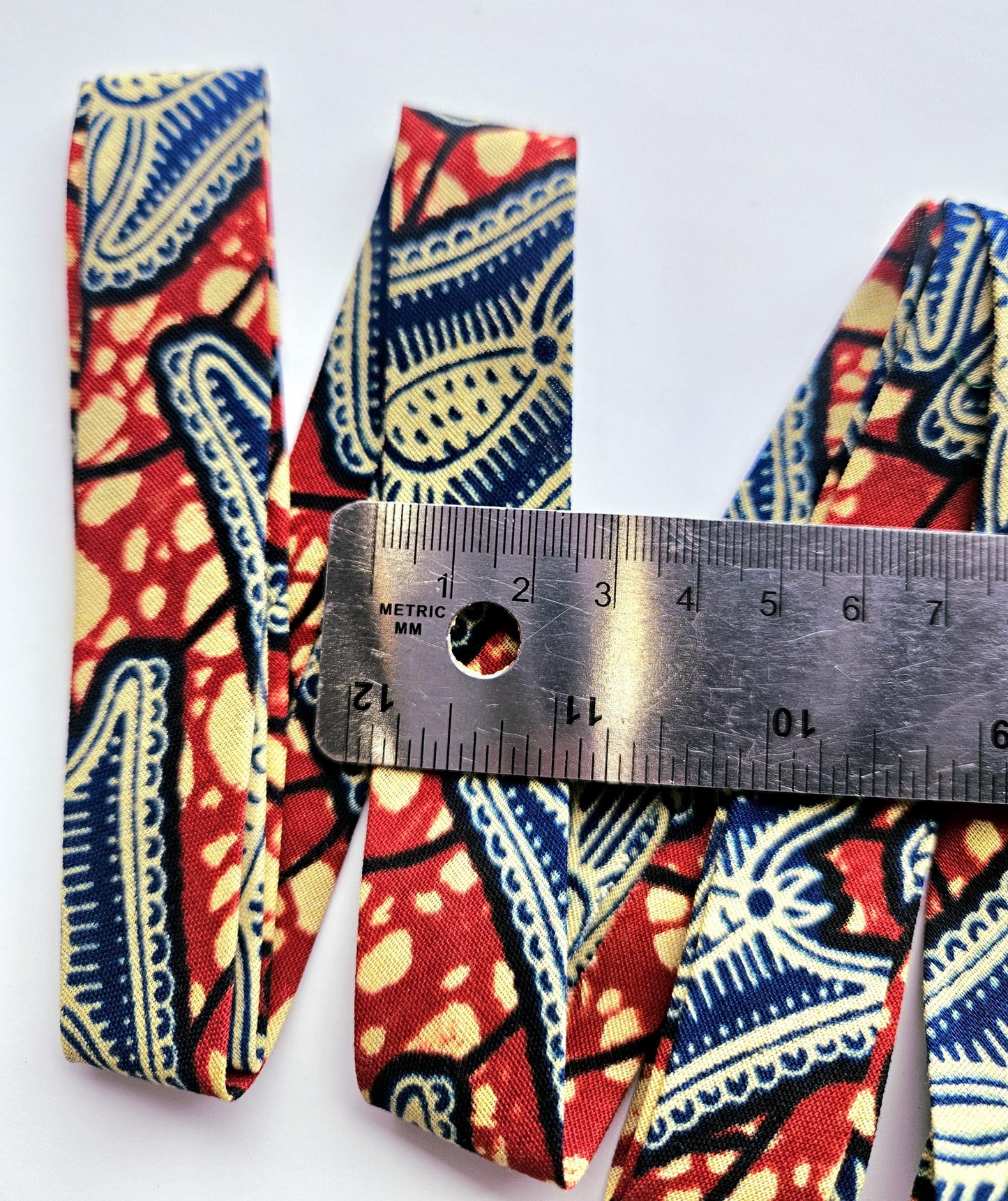 African Wax Print Bias Binding, Red, Navy Blue, Beige, 2.5cm Wide