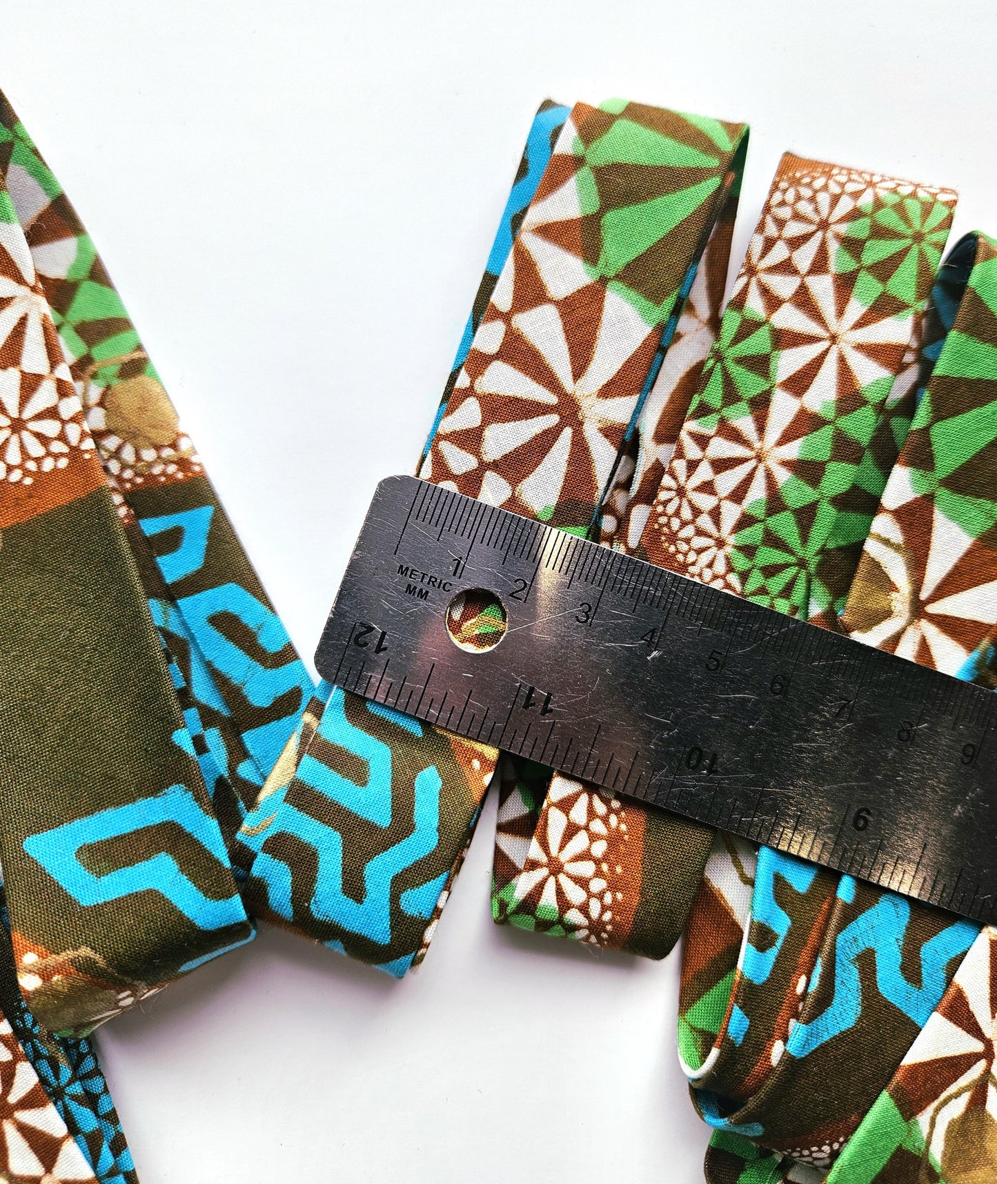 Green, Turquoise, Brown & Gold Embossed African Wax Fabric Bias Binding. 2.5cm Wide | Colourful Print Patterned Tape For Crafting /Quilting.