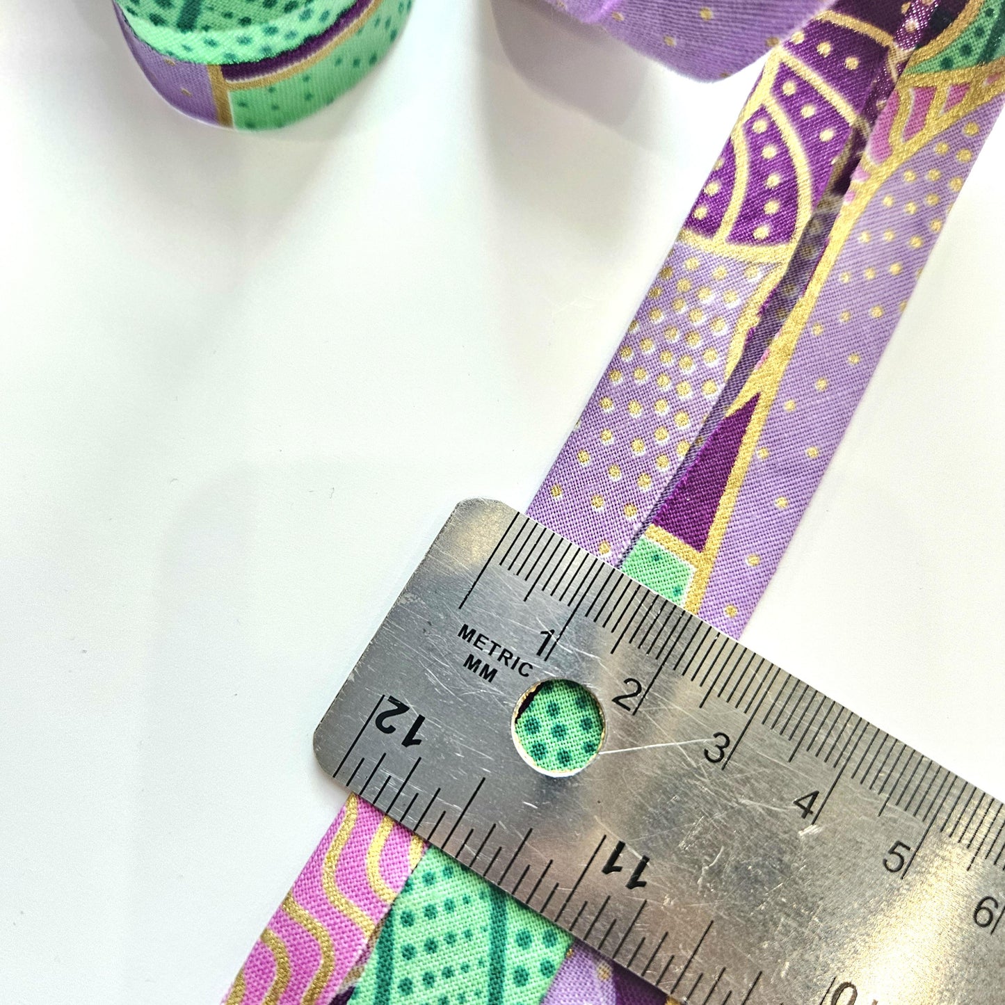 Embossed African Wax Fabric Bias Binding, Purple, Lilac, & Gold, 2.5cm Wide